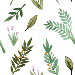 Seamless pattern. Watercolor leaves, branches, berries, flowers. Isolated on white background. Hand drawn illustration