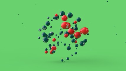 3D illustration of many balls of different colors isolated on a green background. Vitamins are scattered in space. The idea of a healthy diet, strength and health. 3D rendering