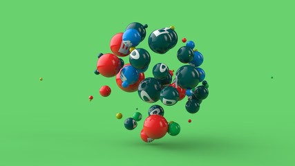 3D illustration of many balls of different colors isolated on a green background. Vitamins are scattered in space. The idea of a healthy diet, strength and health. 3D rendering