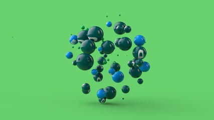 3D illustration of many balls of different colors isolated on a green background. Vitamins are scattered in space. The idea of a healthy diet, strength and health. 3D rendering