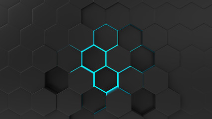 Black abstract background hexagon pattern with light rays. 3d illustration, 3d rendering.