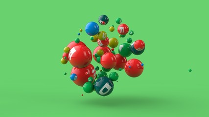 3D illustration of many balls of different colors isolated on a green background. Vitamins are scattered in space. The idea of a healthy diet, strength and health. 3D rendering