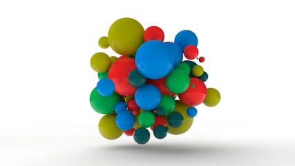 3D rendering of dozens of balls of different colors with symbols of vitamins. The idea of vitamin explosion, healthy eating and lifestyle. 3D illustration isolated on white background.