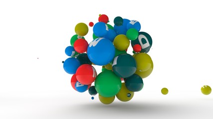 3D rendering of dozens of balls of different colors with symbols of vitamins. The idea of vitamin explosion, healthy eating and lifestyle. 3D illustration isolated on white background.