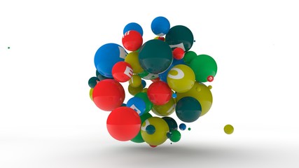 3D rendering of dozens of balls of different colors with symbols of vitamins. The idea of vitamin explosion, healthy eating and lifestyle. 3D illustration isolated on white background.