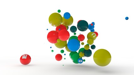 3D rendering of dozens of balls of different colors with symbols of vitamins. The idea of vitamin explosion, healthy eating and lifestyle. 3D illustration isolated on white background.