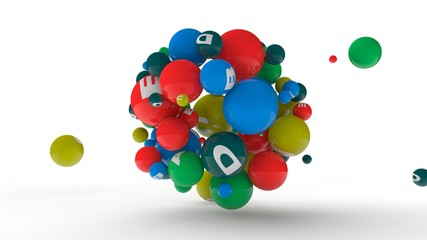 3D rendering of dozens of balls of different colors with symbols of vitamins. The idea of vitamin explosion, healthy eating and lifestyle. 3D illustration isolated on white background.