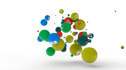 3D rendering of dozens of balls of different colors with symbols of vitamins. The idea of vitamin explosion, healthy eating and lifestyle. 3D illustration isolated on white background.