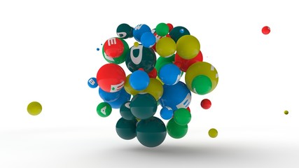 3D rendering of dozens of balls of different colors with symbols of vitamins. The idea of vitamin explosion, healthy eating and lifestyle. 3D illustration isolated on white background.