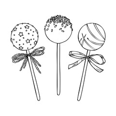 Sweet cake pops on stick with sprinkles isolated on white background. Hand drawn vector illustrations set of cake pops collection in engraving style.
