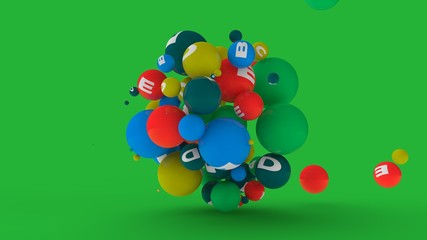 3D rendering of dozens of balls of different colors with symbols of vitamins. The idea of vitamin explosion, healthy eating and lifestyle. 3D illustration isolated on a green background.