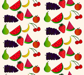Seamless pattern with yellow bananas, pineapples and juicy strawberries on mint green background. Cute vector background. Bright summer fruits illustration. Fruit mix design for fabric and decor.