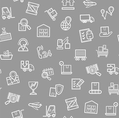 Cargo delivery, seamless pattern, gray, monochrome, contour lines, icons, vector. Cargo transportation and delivery of goods. White line icons on a gray background. Vector flat seamless pattern. 