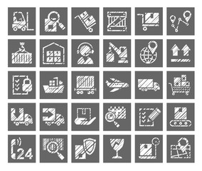 Shipping, flat badges, pencil hatching, gray, vector. Cargo transportation and delivery of goods. White icons on grey background. Imitation of pencil hatching.  Square vector images. 