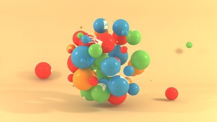 3D illustration of many balls of different colors with symbols of vitamins. Multivitamins in space isolated on orange background. 3D rendering, the idea of a healthy lifestyle