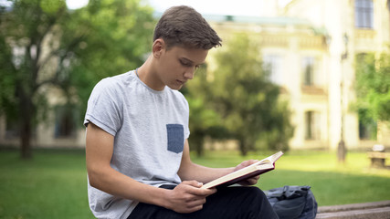 Obraz premium Attentive teenager reading adventure book on bench in park, intellectual hobby