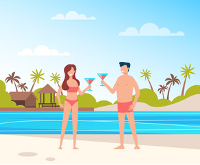 Obraz na płótnie Canvas Two happy smiling people man and woman couple characters sunbathing and relax at beach. Summer time concept. Vector flat cartoon graphic design illustration