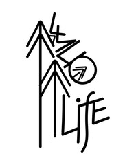 Wild Life. Sticker on the glass. Minimalistic inscription for a poster, card, cutting plotter. Vector illustration quote about travel, tourism. Pine or spruce. Camping. Line logo.