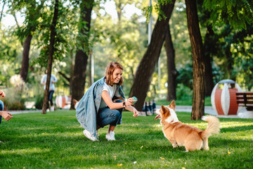 Portrait of woman with dog Welsh Corgi Pembroke in dog park