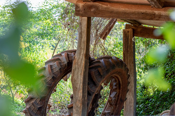 Tire decoration in a wooden house on the farm