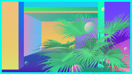 Fototapeta na wymiar Nostalgic tropical palm neon wall background