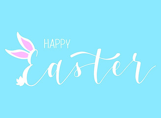 Hand sketched Happy Easter with rabbit ears and tail typography lettering poster. Modern calligraphy. White sign isolated on blue background. Vector illustration.