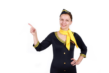 Stewardesse - Portrait of charming and smiling stewardess wearing in the blue uniform. Isolated on white background