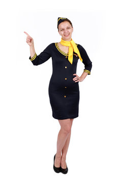  Stewardesse - Charming and smiling stewardess wearing in the blue uniform. Isolated on white background