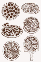 Graphical vintage set of pizza, retro background, vector fast food