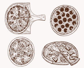 Graphical vintage set of pizza, retro background, vector fast food