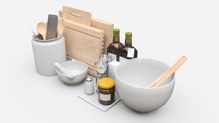 Kitchenware, oil and canned vegetables in a jar on a white background. 3d rendering.