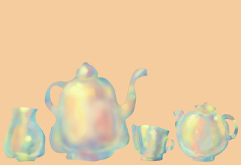 Teapots, milk jug and cup for tea. Illustration for a tea drinking. Copy space. Background and concept for kitchen and restaurants.