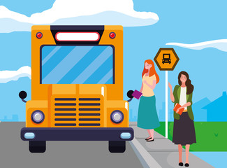 female teachers couple in stop bus characters