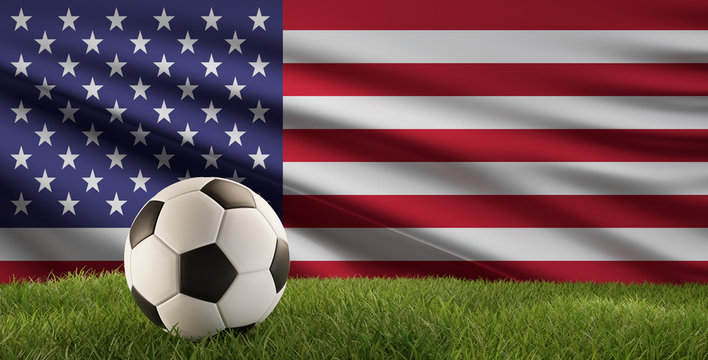 soccer ball green grass 3d-illustration and flag of America