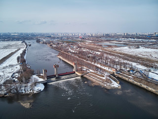 Sluice on the Moscow river near city Dzerzhinsky, aerial view