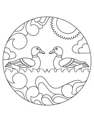 Ducks pattern. Illustration of duck. Mandala with an animal.  Duck in a circular frame. Coloring page for kids and adults.