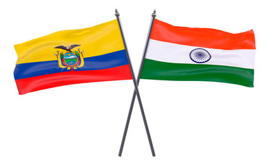 Ecuador and India, two crossed flags isolated on white background. 3d image