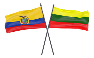 Ecuador and Lithuania, two crossed flags isolated on white background. 3d image