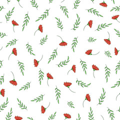 Vector seamless pattern of garden flowers and herbs. Hand drawn cartoon style repeat background. Cute summer or spring endless backdrop for wedding, holiday or card design