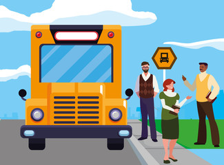 interracial teachers group in bus stop