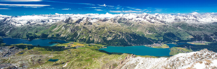 Fototapeta na wymiar Stunning view of Silsersee, Silvaplanersee, Engadin and Maloja from Corvatsch mountain, Switzerland, Europe.