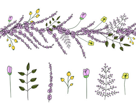 Vector  set of garden plant design elements and pattern brush with stylized lavender. Hand drawn cartoon style illustration. Cute summer or spring templates for wedding, holiday or card design