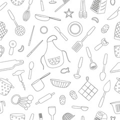 Vector seamless pattern of black and white kitchen tools. Repeat background with isolated monochrome apron, cutlery, chopping board, saucepan, measuring cup, grater, whisk, dish, glass, fork