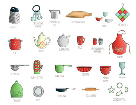 Vector set of colored kitchen tools with lettering. Bright pack of apron, cutlery, chopping board, saucepan, measuring cup, grater, dish, glass, mug, oven mitten, pot holder, plate. Cartoon style