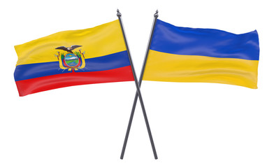 Ecuador and Ukraine, two crossed flags isolated on white background. 3d image