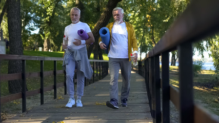 Obraz premium Active pensioners walking in park with yoga mats and water bottles, workout