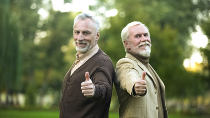 Happy retired gentlemen showing thumbs up and looking in camera, companions