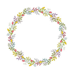 A wreath of branches, leaves, flowers, tulips, lilies of the valley and blades of grass with tendrils. A color with a black outline vector. Isolated on white background.
