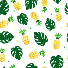 Summer seamless pattern with pineapples and tropical leaves