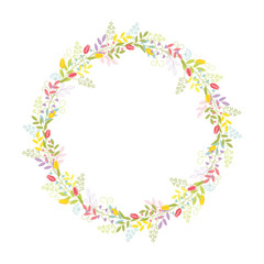 A wreath of branches, leaves, flowers, tulips, lilies of the valley and blades of grass with tendrils. Color cute vector.Isolated on white background.